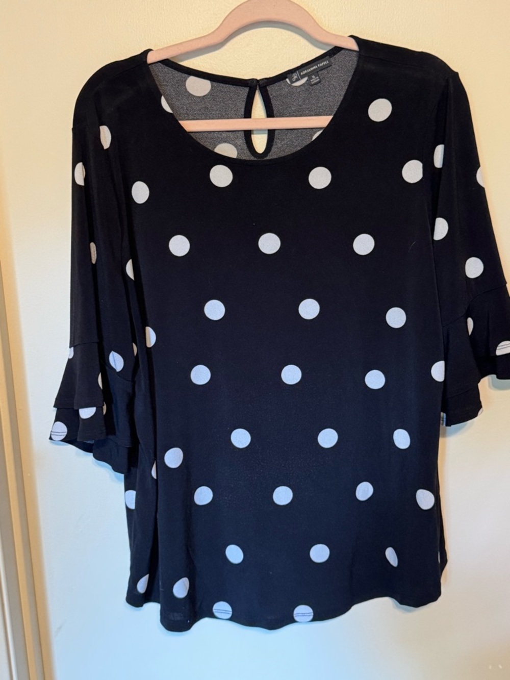 Adrianna Papell Black and White Polka Dot Blouse. Relaxed Boxy Fit. - Picture 2 of 7
